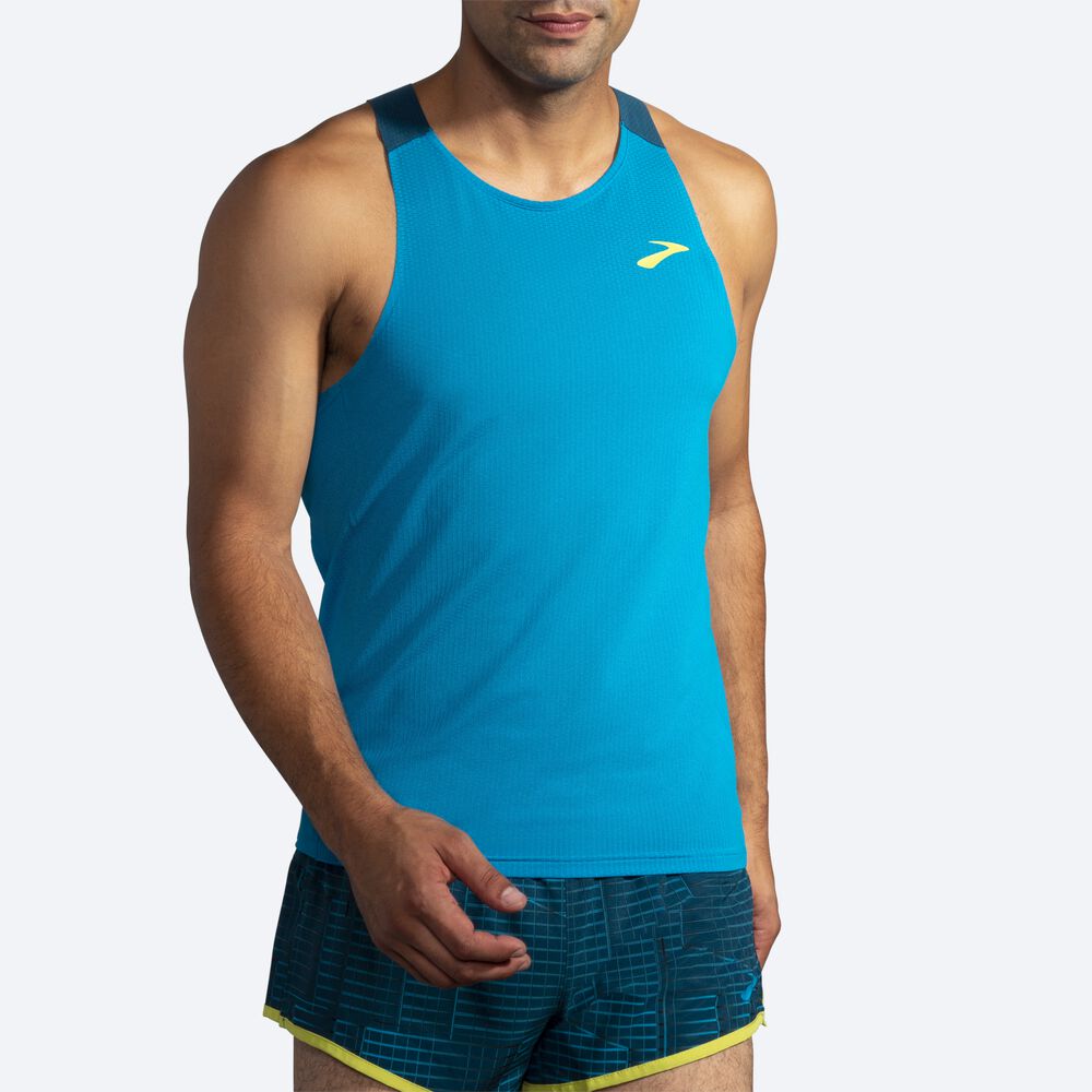 Men's Brooks Atmosphere Singlet Tanks Blue/Deep Green | USA32701