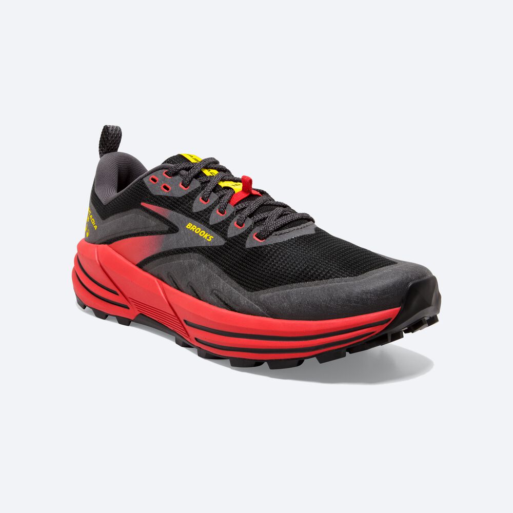 Men's Brooks Cascadia 16 Trail Running Shoes Black/Red/Yellow | USA89270