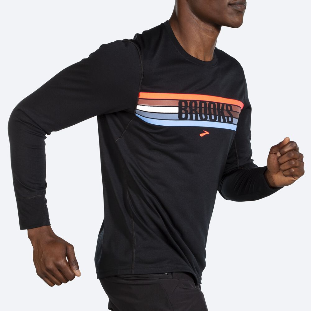 Men's Brooks Distance Graphic Long Sleeve T-Shirts Black/Stripes | USA78062