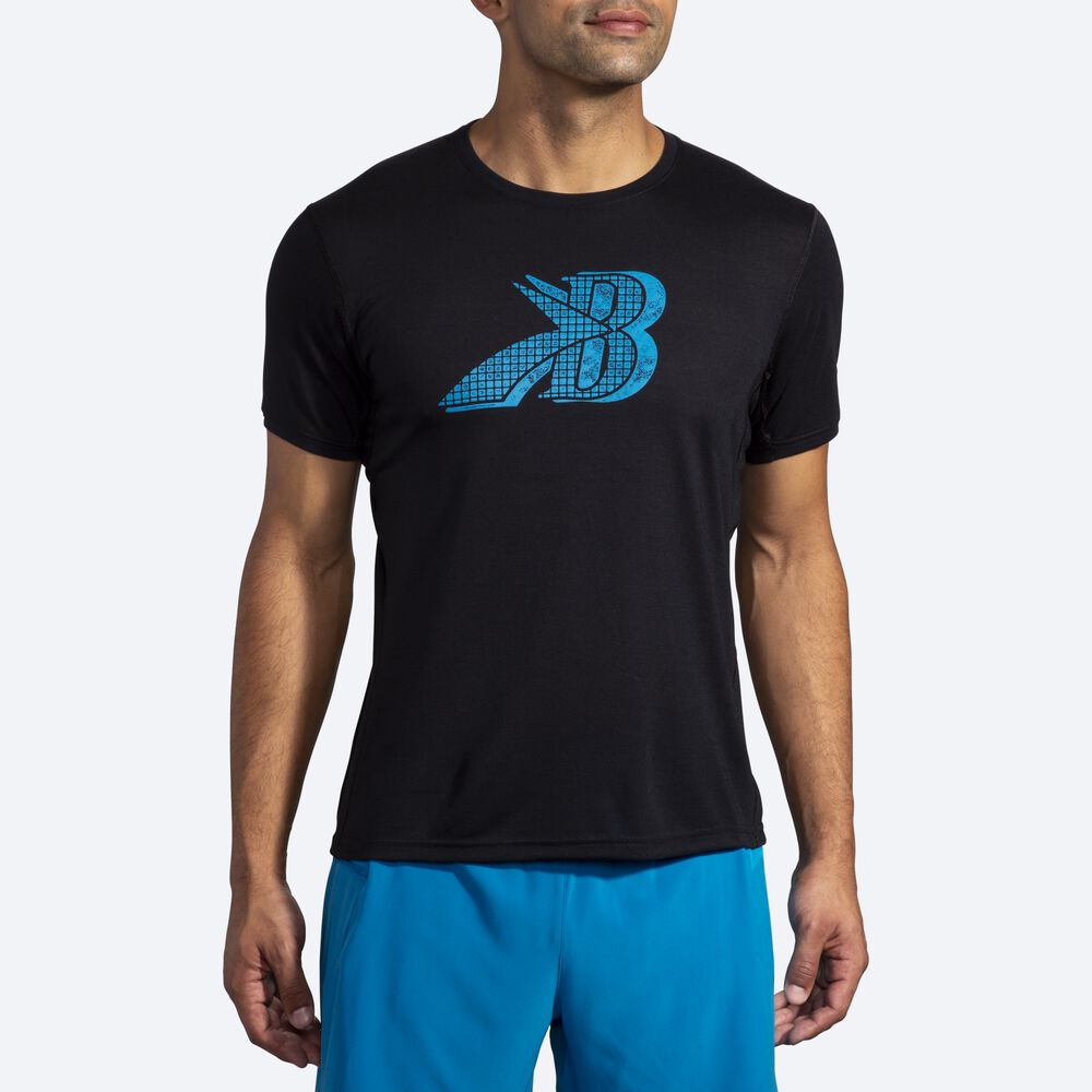 Men's Brooks Distance Graphic Short Sleeve T-Shirts Black/Blue | USA85732