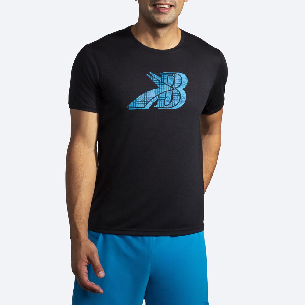 Men's Brooks Distance Graphic Short Sleeve T-Shirts Black/Blue | USA85732