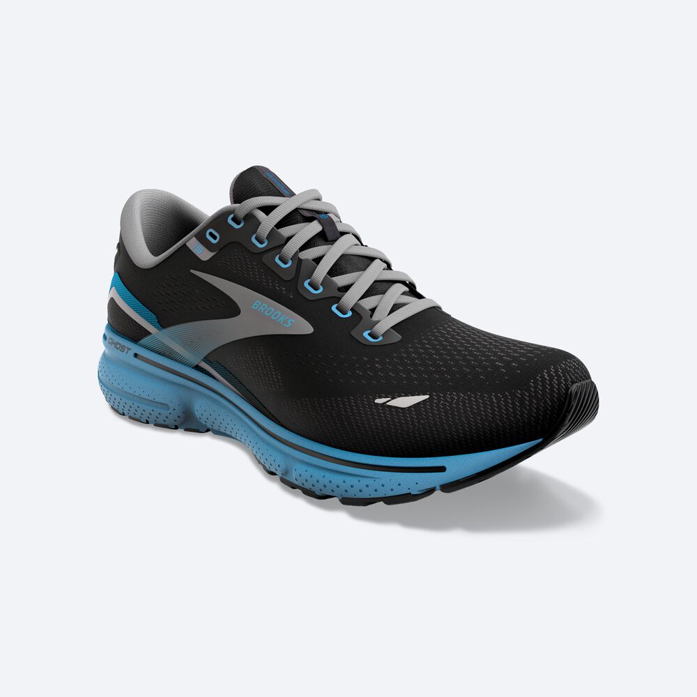 Men's Brooks Ghost 15 Road Running Shoes Black/Blue | USA65172