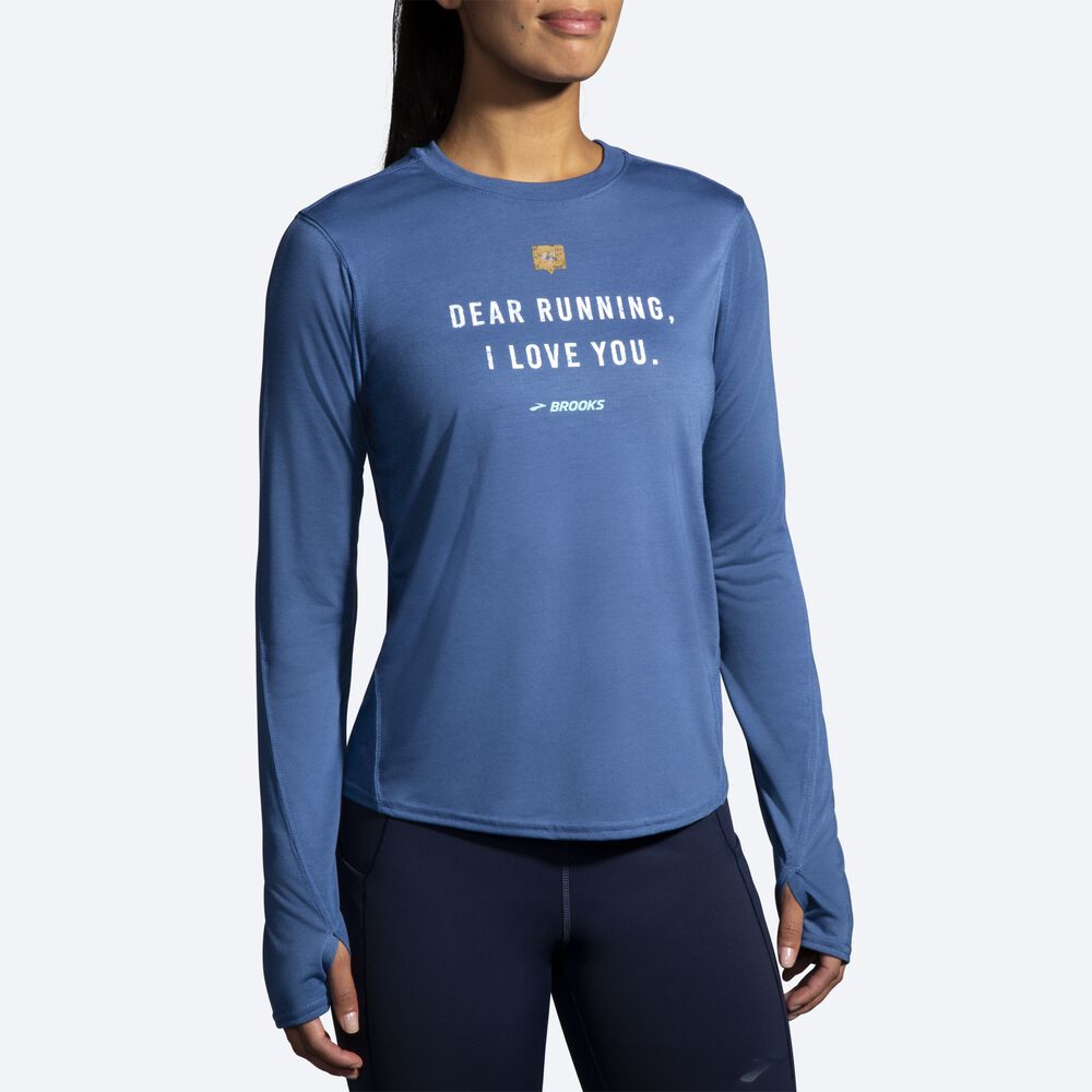 Women's Brooks Distance Graphic Long Sleeve T-Shirts Blue Grey | USA38760