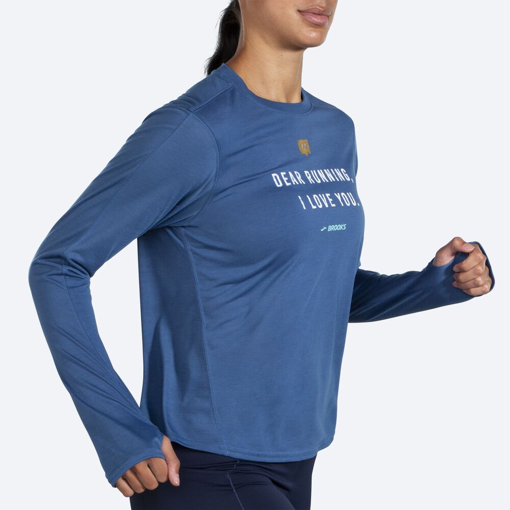 Women's Brooks Distance Graphic Long Sleeve T-Shirts Blue Grey | USA38760