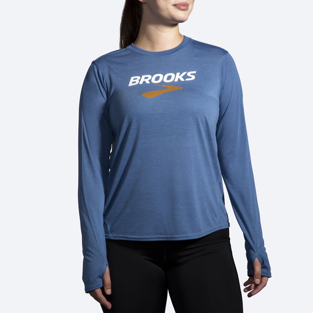 Women's Brooks Distance Graphic Long Sleeve T-Shirts Blue Grey | USA81276