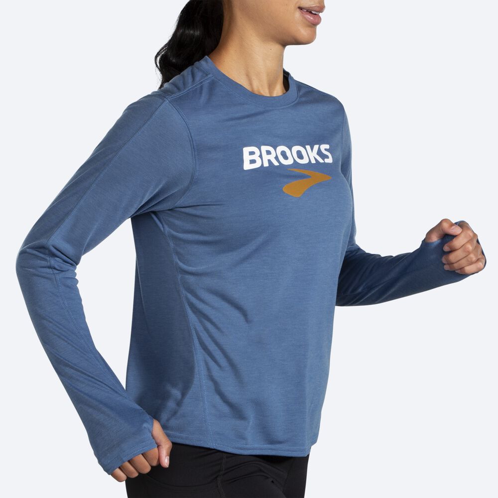 Women's Brooks Distance Graphic Long Sleeve T-Shirts Blue Grey | USA81276