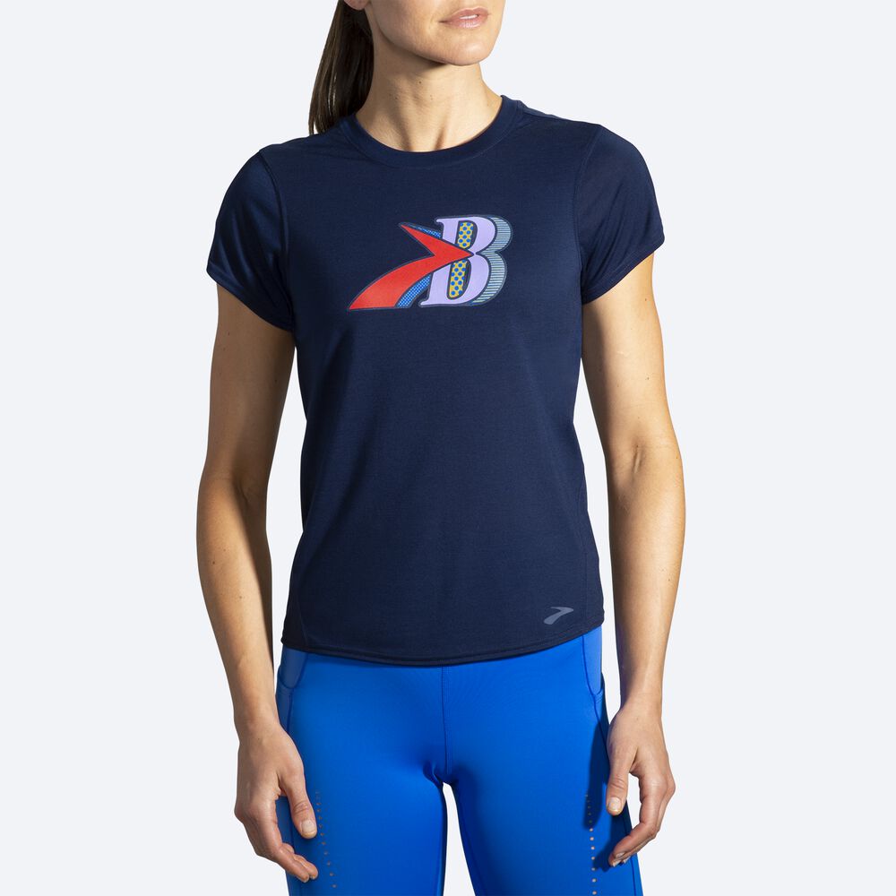 Women's Brooks Distance Graphic Short Sleeve T-Shirts Navy | USA63459