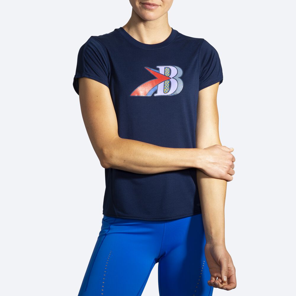 Women's Brooks Distance Graphic Short Sleeve T-Shirts Navy | USA63459