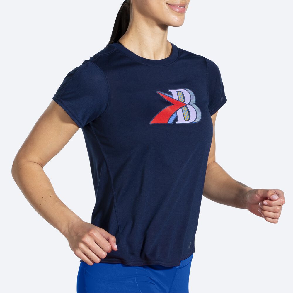 Women's Brooks Distance Graphic Short Sleeve T-Shirts Navy | USA63459