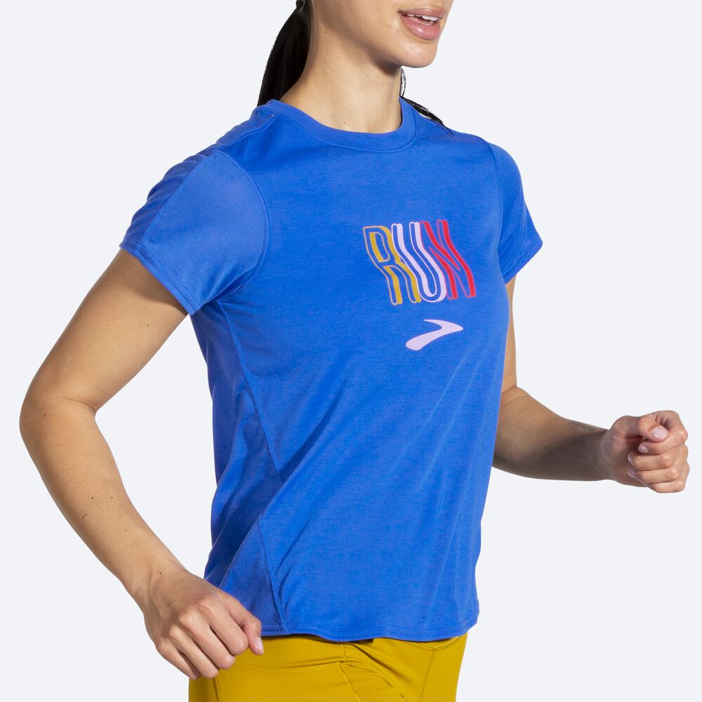 Women's Brooks Distance Graphic Short Sleeve T-Shirts Blue | USA85036