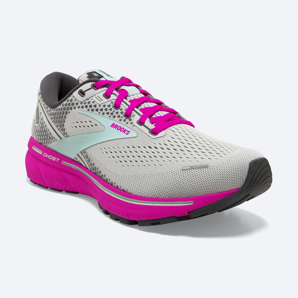 Women's Brooks Ghost 14 Road Running Shoes Grey/Green/Pink | USA53709